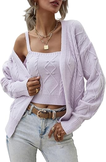 Sexyshine Womens Two Piece Outfits Cable Knitted Spaghetti Strap Crop Tank Top and Long Sleeve Cardigan Chic Sweaters Sets
