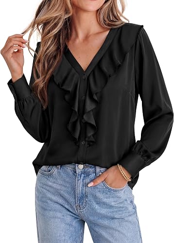 dowerme Womens Long Sleeve Tops Satin Ruffle Button Shirts