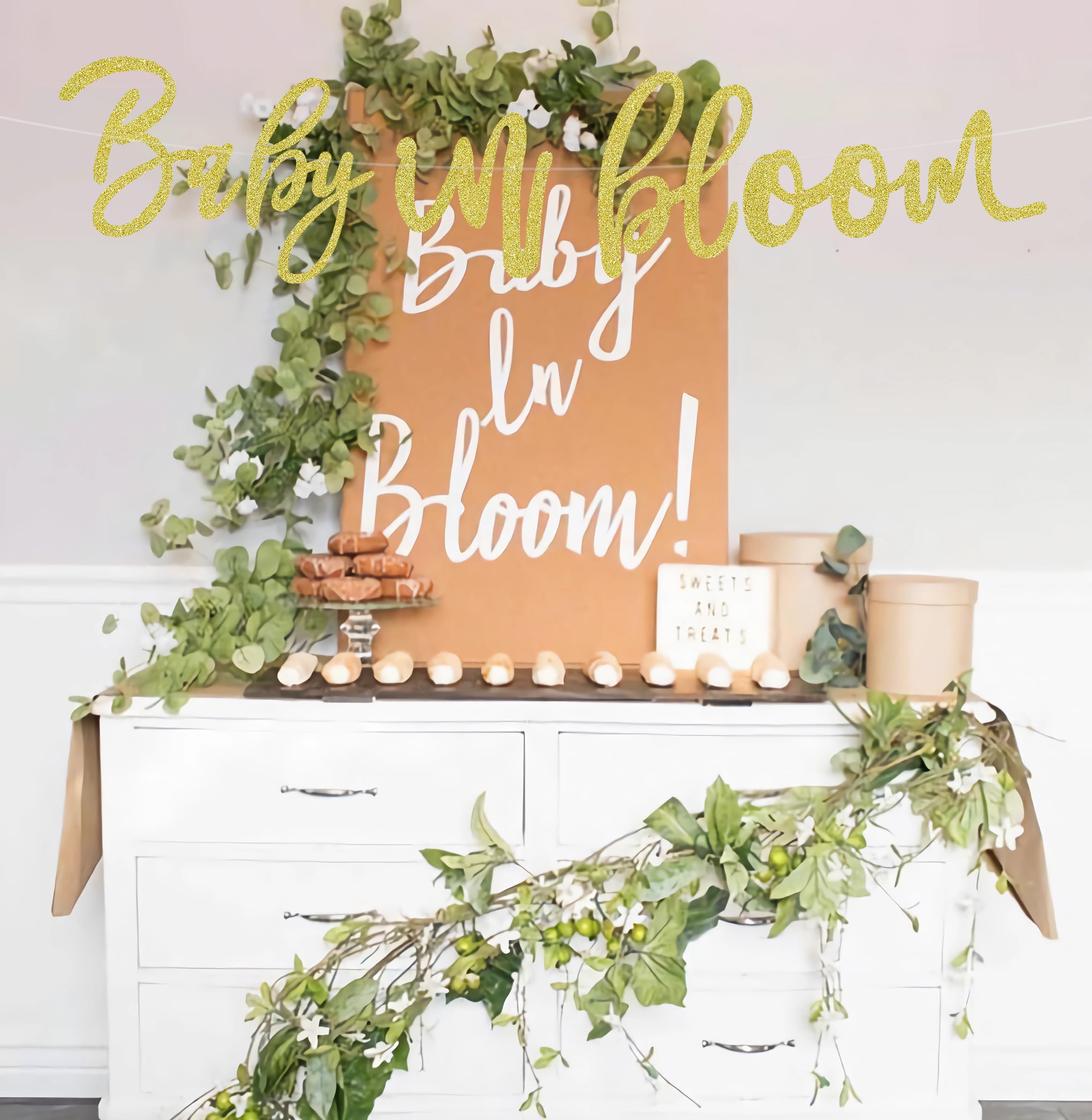 Pancarta preencordada de Baby in Bloom - Decoración de baby shower con purpurina dorada - Decoración de pancarta de baby shower con temática floral, accesorios para cabina de fotos