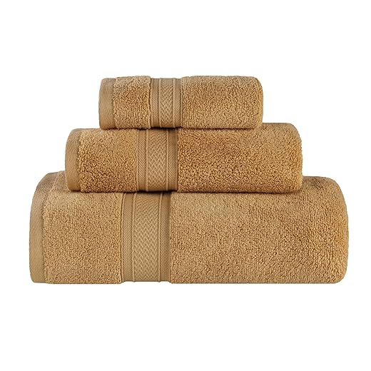 Superior Cotton Chevron 3 Piece Towel Set, Zero Twist, Quick Dry, Home Essentials, Shower, Spa, Luxury Plush Soft Absorbent Towels, Includes 1 Bath, 1 Hand, 1 Washcloth/Face Towel, Jacquard, Gold
