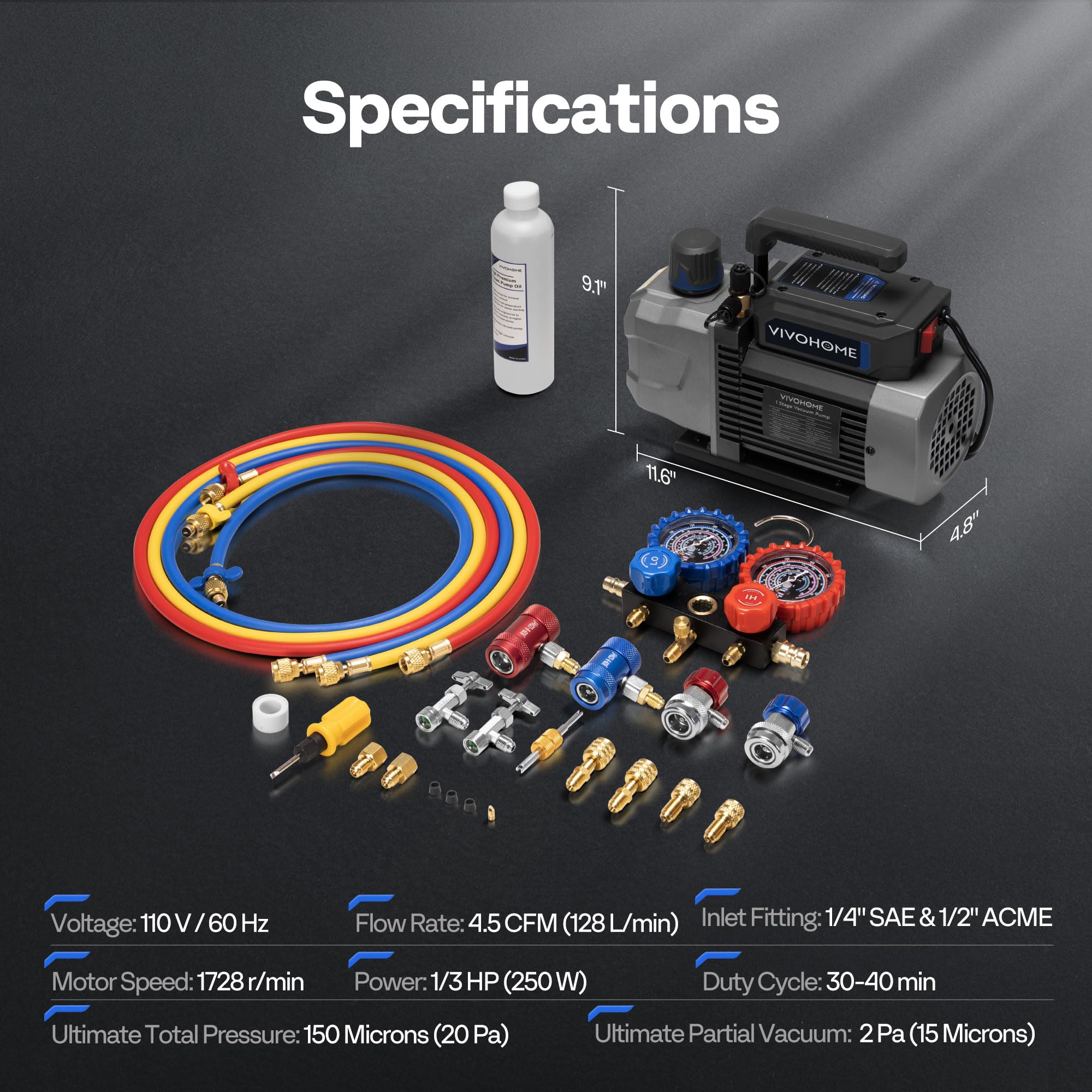 VIVOHOME 1/3 HP 4,5 CFM - Bomba de vacío y juego de manómetros AC