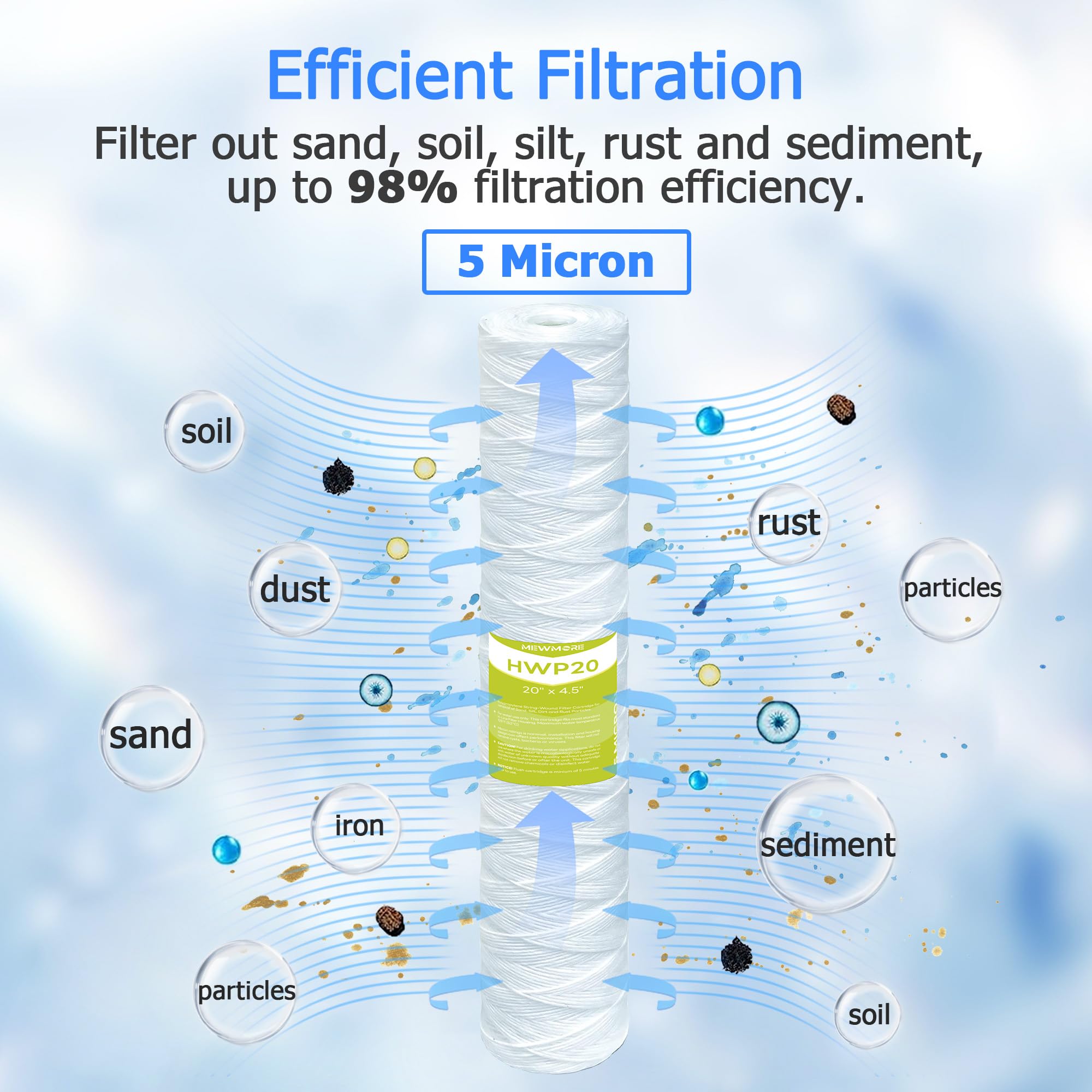 Cartuccia filtrante per acqua da 5 micron, filtri per sedimenti a filo avvolto per acqua di pozzo, ricambio universale per qualsiasi alloggiamento grande da 50,8 cm, cartucce da 50,8 x 11,4