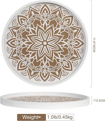 Miniatura 5 de Bandeja decorativa de madera redonda rústica para mesa de café, decoración de granja con patrón de flores de mandala, bandeja otomana bohemia para