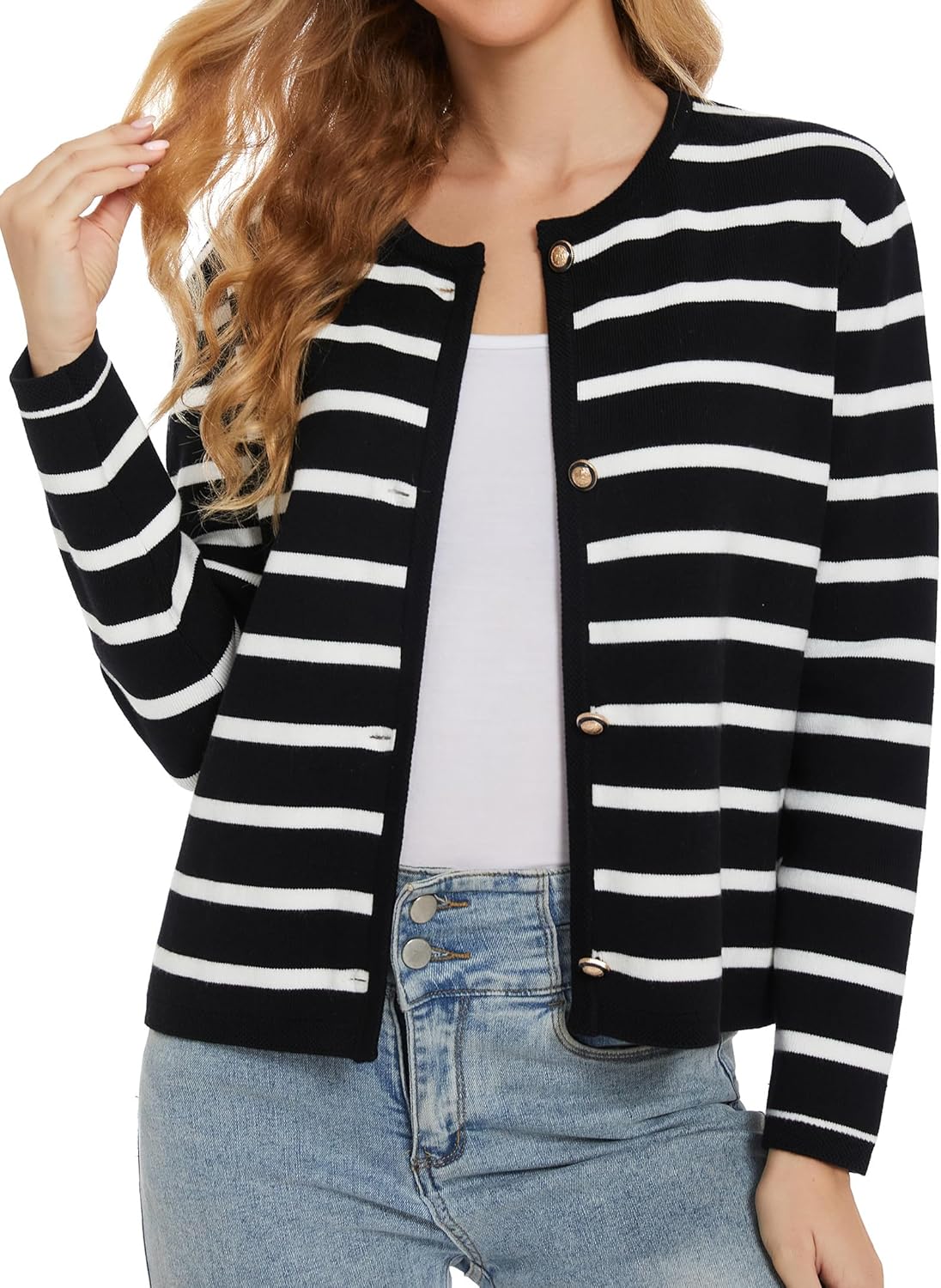 Women's Striped Cardigan Sweater Trendy Long Sleeve Button Down Crewneck Knit Cardigans - Image 4