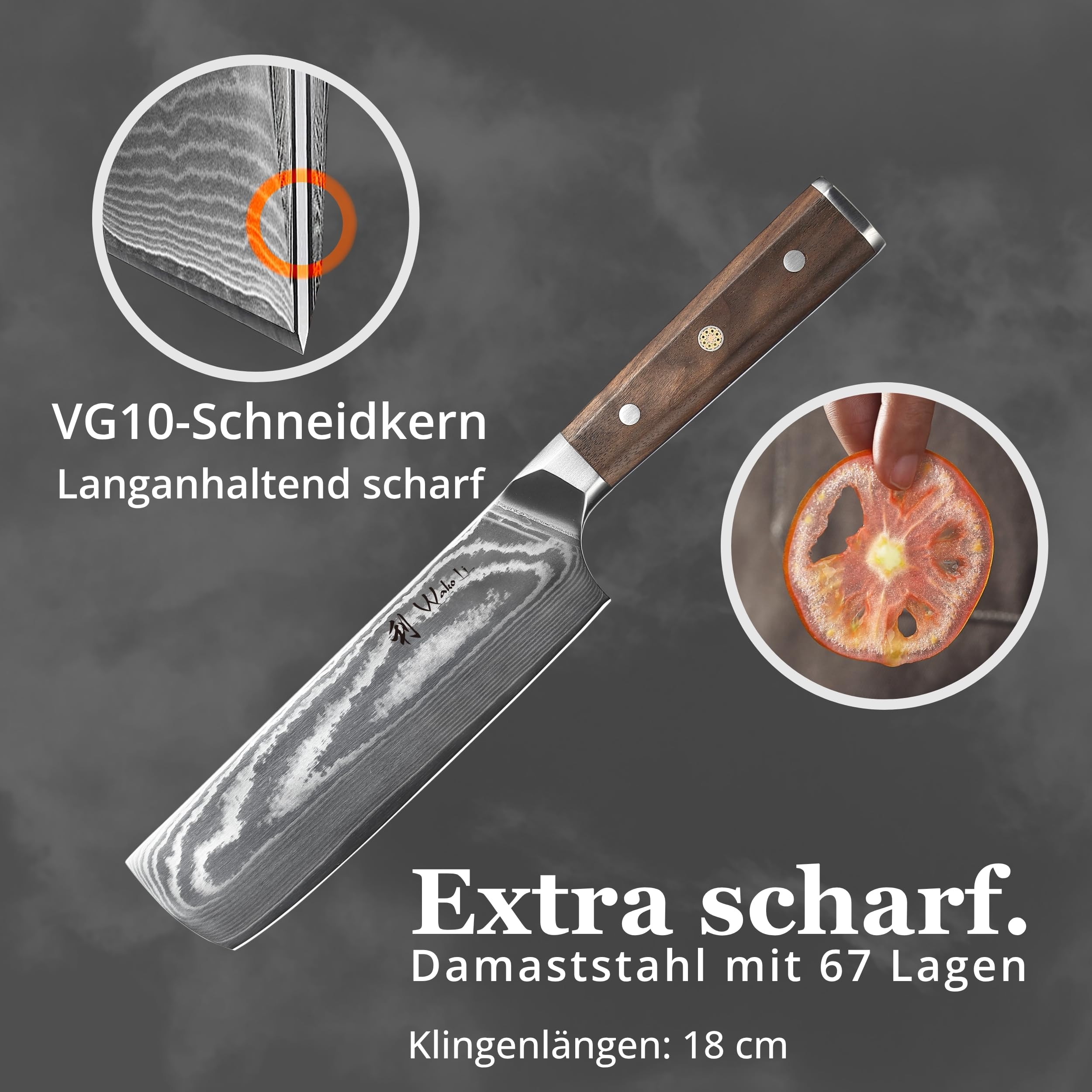 Wakoli Damast Nakiri Messer 18 cm, Gemüsemesser, 67 Lagen Damaststahl