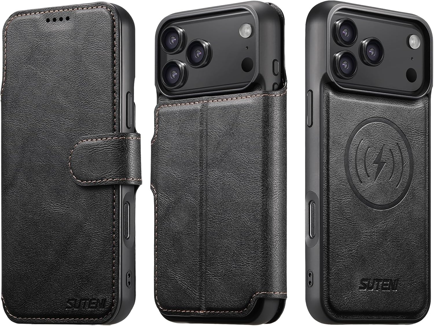 Leather Magnetic Wallet Case for iPhone 17 Pro 2in1 Detachable Cover Compatible with MagSafe & Wireless Charging, 3 Card Slots/Holder, Kickstand, 360° Military Shockproof Protection Black