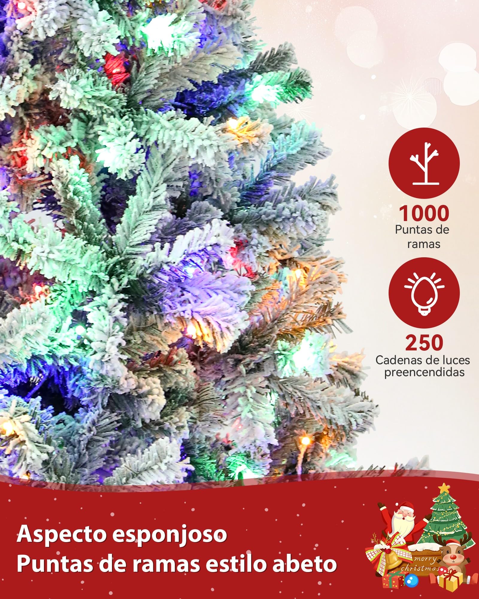 Himimi 180cm Árbol de Navidad Artificial con Iluminación, 250 Leds RGB, 8 Modos de Iluminación, Árbol de Navidad Artificial con Nieve, 1000 Ramas PVC, Decoración Navideña para Casa Oficina(Blanco)