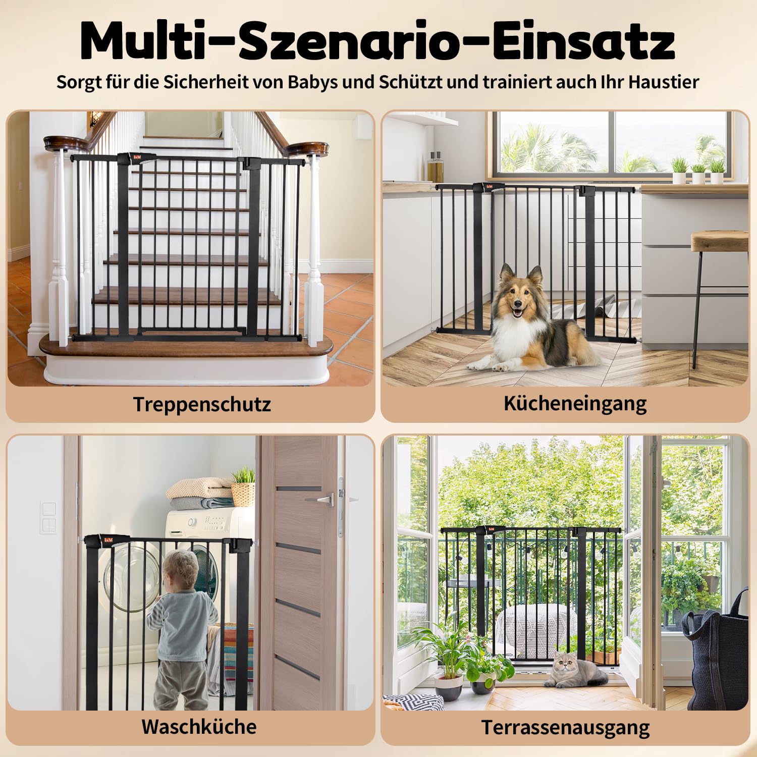 LAOYE Treppenschutzgitter ohne Bohren, Extra Hoch 92 cm, 75-124 cm, mit 3 Verlängerungen, Auto-Close & 90° Stopp - Schwarz