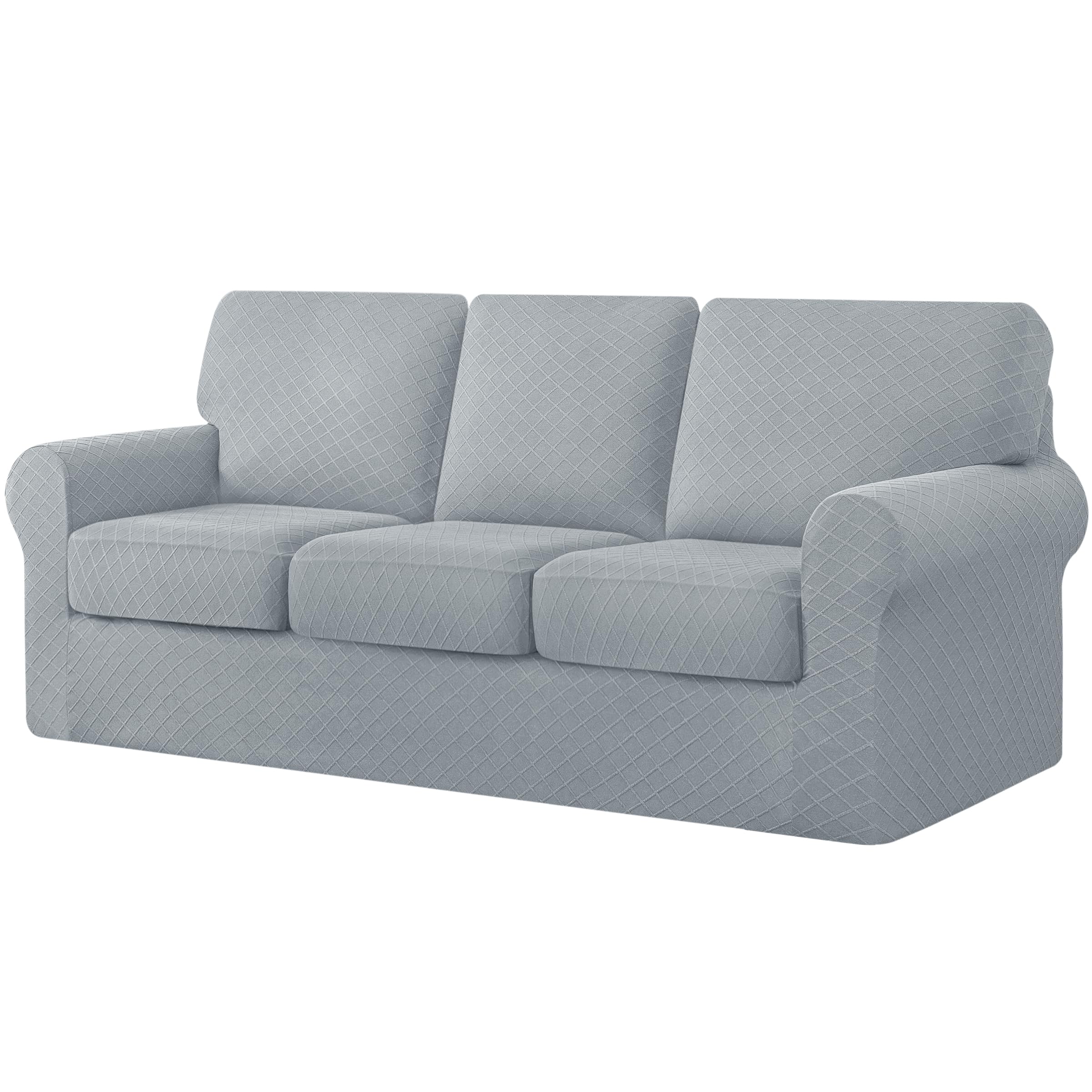 CHUN YI 7 Piece Stretch Diamond Lattice Sofa Cover, 3 Seater Couch Slipcover with Three Separate Backrests and Cushions with Elastic Band, Checks Spandex Rhombus Fabric(Large,Light Gray)