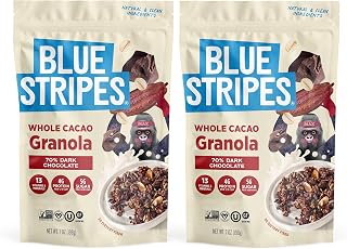 Blue Stripes Whole Cacao Granola - Gluten Free 70% Dark Chocolate Granola for Cereal, Oatmeal, Yogurt, 5g Protein Per Serving, Source of Fiber, Vegan, Low Sugar - Dark Chocolate, 8 oz Bag (2 Pack)