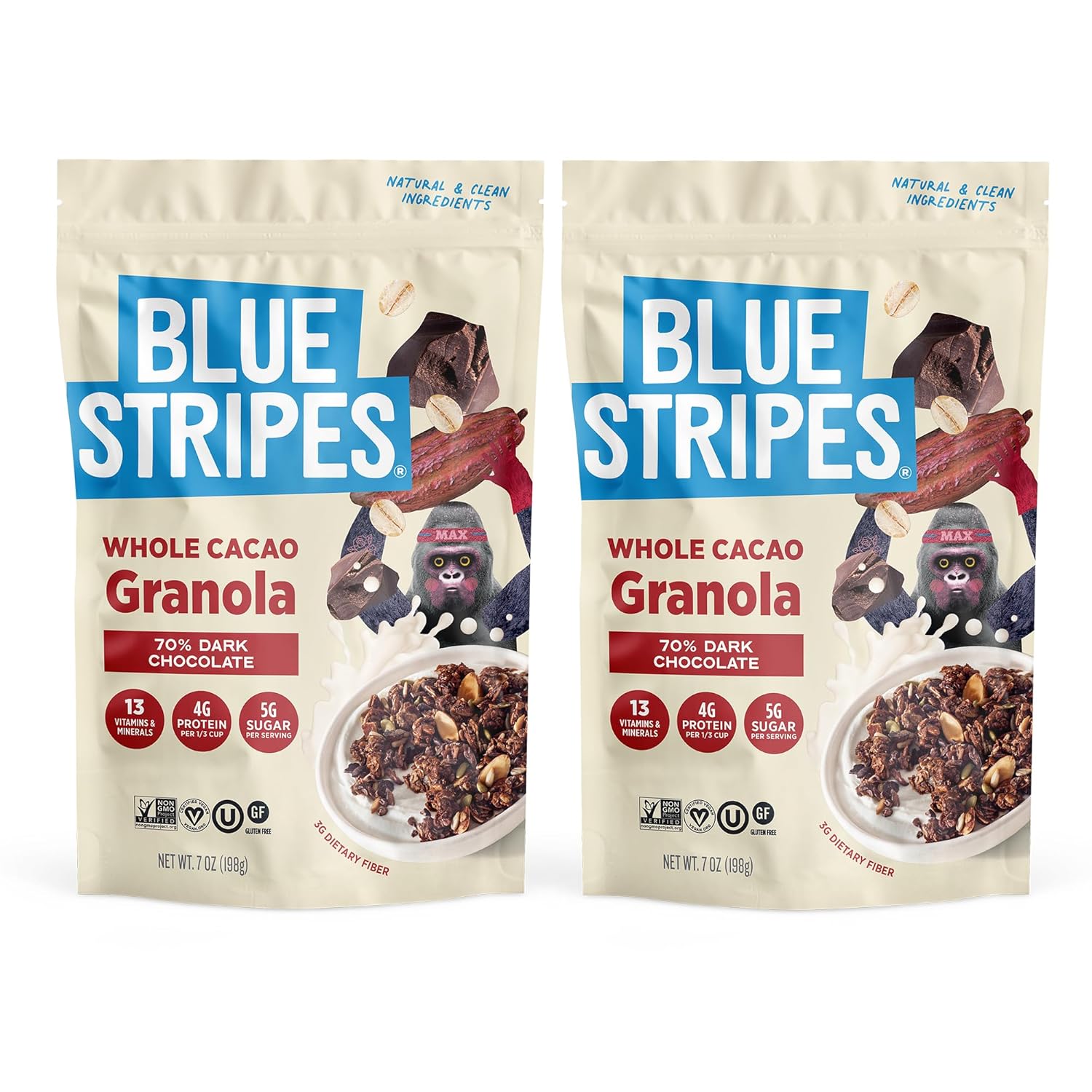 Blue Stripes Whole Cacao Granola - Gluten Free Dark Chocolate Granola for Cereal, Oatmeal, Yogurt, 5g Protein Per Serving, Source of Fiber, Vegan, Low Sugar - Peanut Butter Banana, 7 oz (6 Pack)