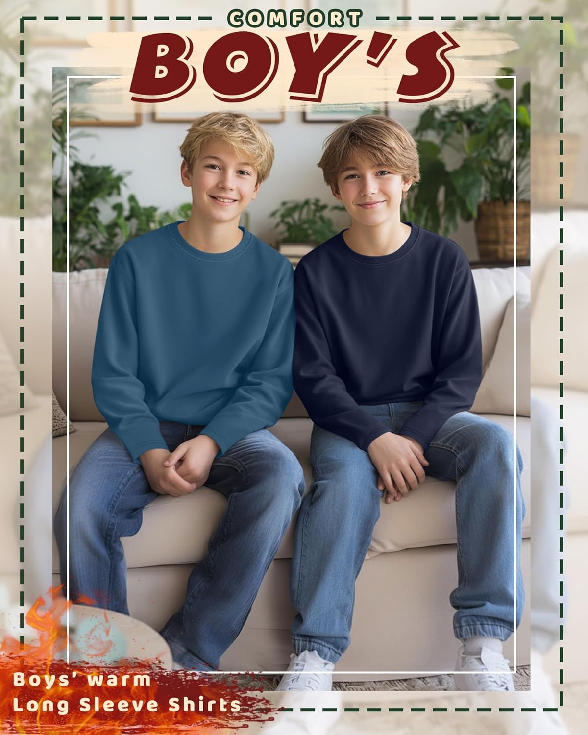 3 Pack Boys Fleece Long Sleeve Shirts, Crew Neck Thermal Tops Kids Casual Soft Warm Loose Basic Tees 3-16 Years - Image 5