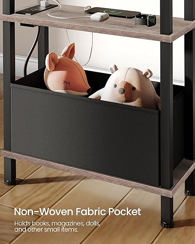 Miniatura 7 de Mesa auxiliar pequeña y estrecha con estación de carga, mesa auxiliar delgada con cesta de tela, mesita de noche delgada para espacios pequeños,