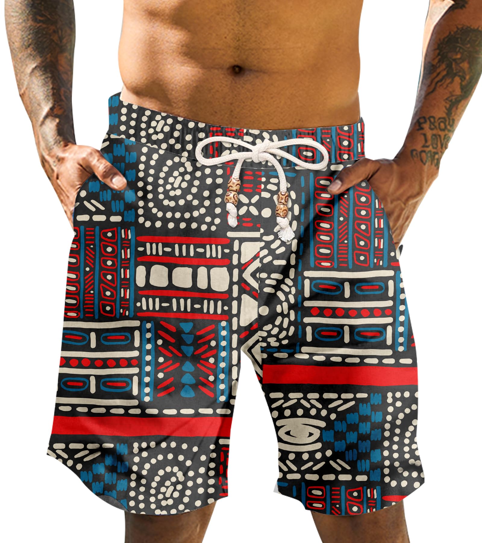 Photo 1 of SIZE M Cozople Men's Linen Shorts Boho Tribal Print Shorts Elastic Waistband No Liner Shorts Summer Beach Shorts