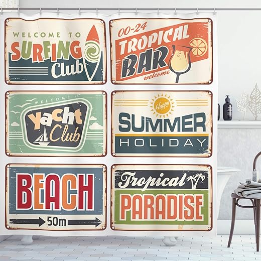 Ambesonne Retro Shower Curtain, Summer Holiday Vintage Camping Beach Sign Boards in Old Style Faint Colors Art Print, Cloth Fabric Bathroom Decor Set with Hooks, 69" W x 70" L, Eggshell Almond Green