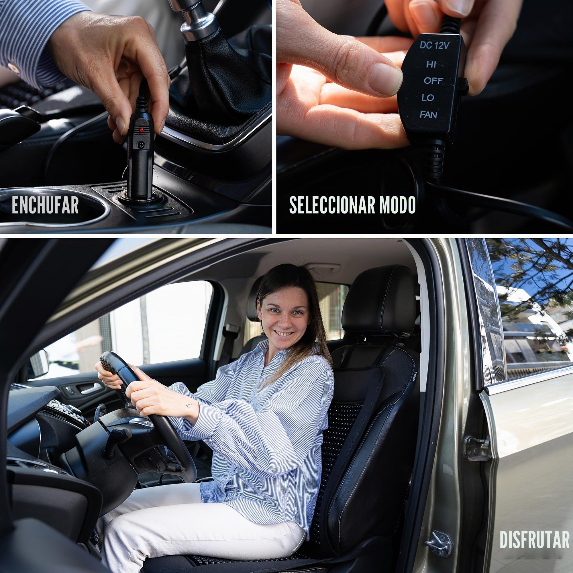 Funda de asiento de coche con cuentas de refrigeración y masaje, funda de asiento con cuentas de madera negra con almohadilla de refrigeración de asiento de coche de 12 V, temperatura ajustable