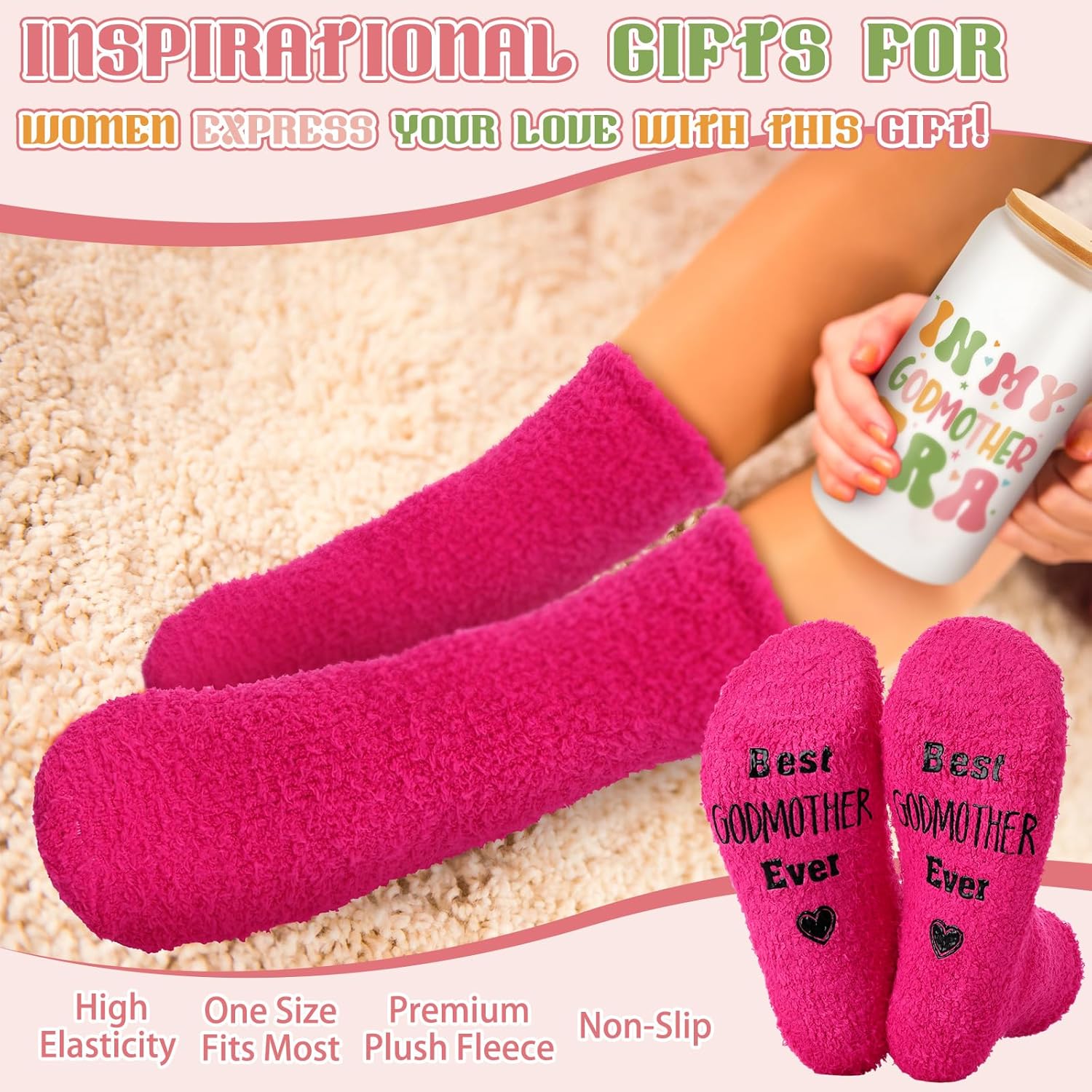 6 Pcs Godmother Proposal Gift Set Include 16 oz Glass Cup with Lid Canvas Tote Warm Socks Bracelet and Greeting Card God Mommy Gifts Godmom Present Set from Godchild Baptism Birthday - Image 5