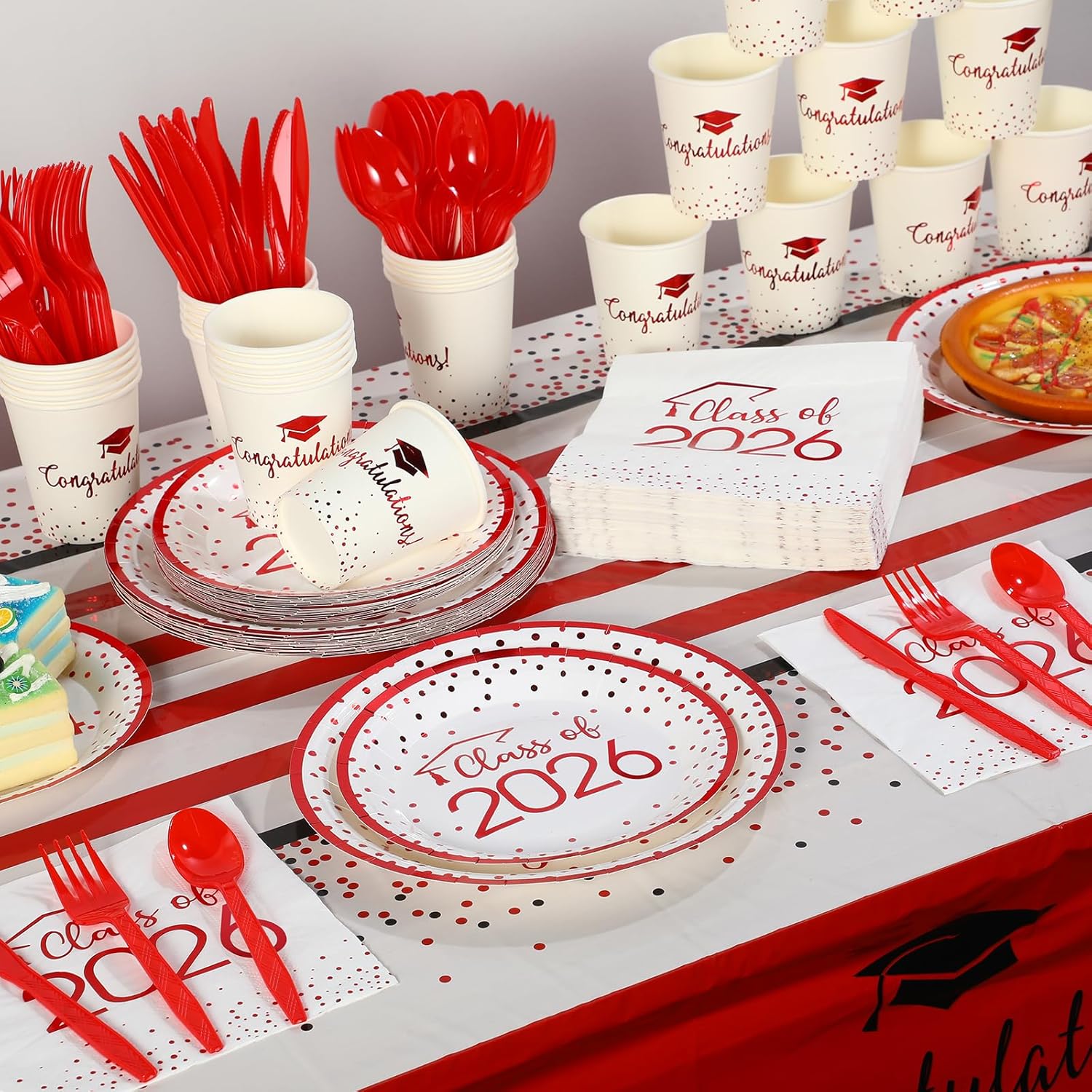 350pcs Class of 2026 Graduation Plates and Napkins Set, Disposable Paper Plate Set Polka Dots Napkins Cups Knife Fork Spoon for Graduation Party Decorations and Supplies,Serve 50 (White Red)