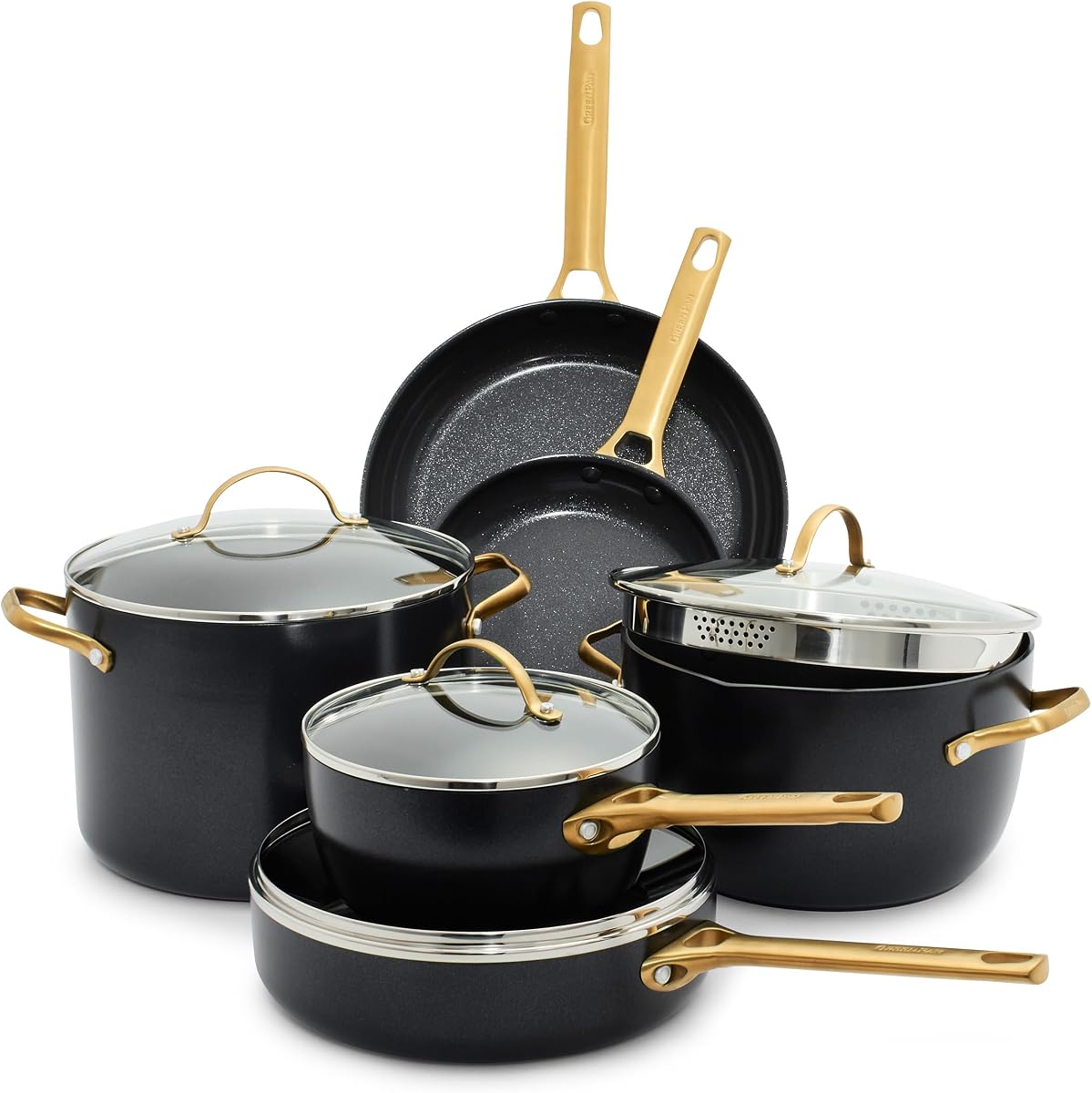 Hard Anodized Healthy Ceramic Nonstick 10 Piece Cookware Pots and Pans Set, Gold-Tone Stainless Steel Handles, PFAS-Free, Dishwasher Safe, Oven & Broiler Safe, Black