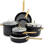 GreenPan Reserve Antiadhésif en céramique santé anodisé dur 10 Ensemble de casseroles et d'articles de cuisine en pièces, poignée en or, sans PFAS, lave-vaisselle, coffre-fort pour fours, taupe