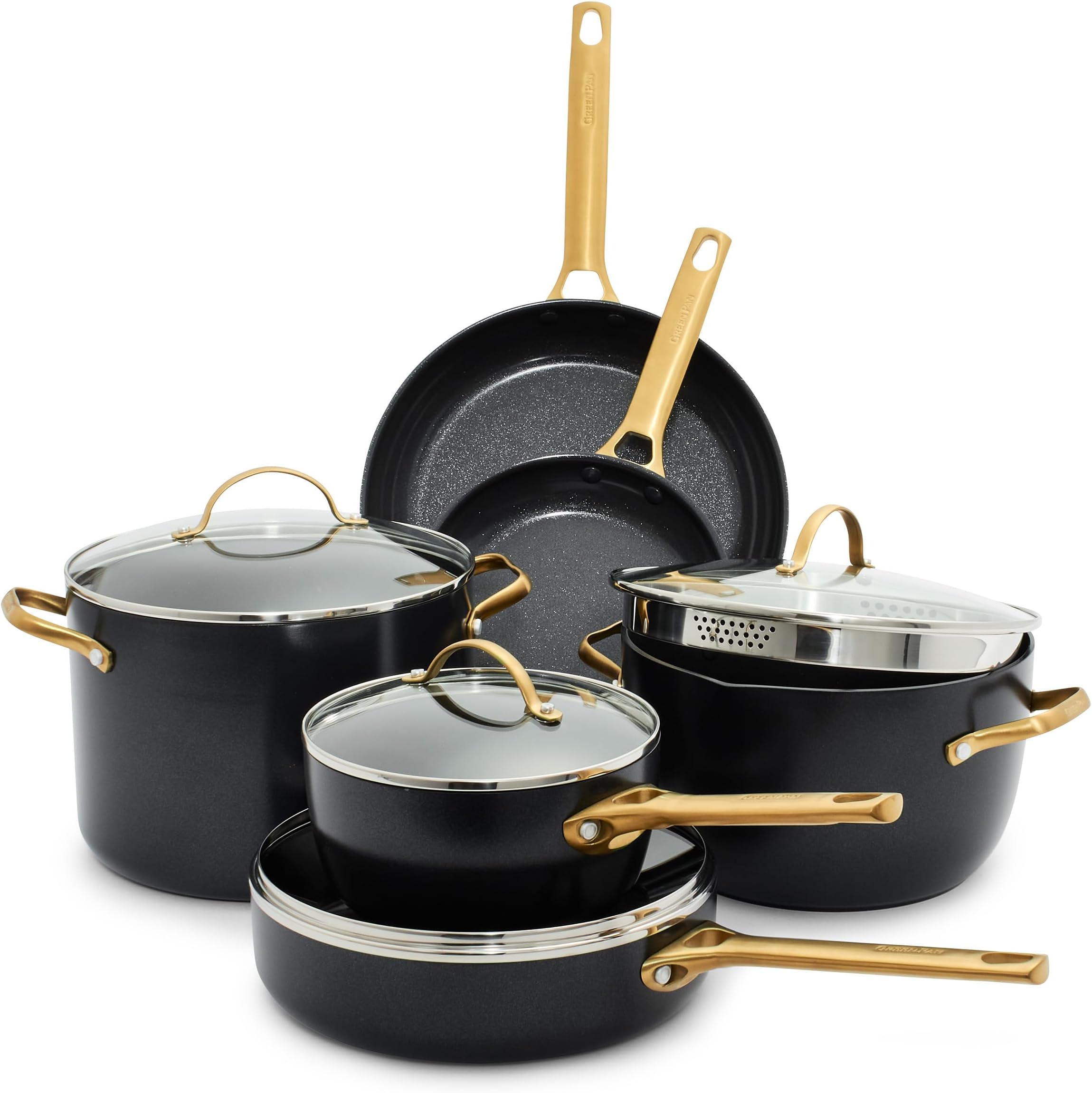 GreenPan Reserve Hard Anodized Healthy Ceramic Nonstick 10 Piece Cookware Pots and Pans Set, Gold Handle, PFAS Free, Dishwasher Safe, Oven Safe, Black, CC003800-001, Padova reserve