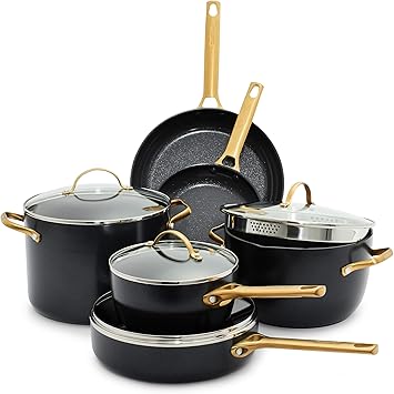 GreenPan Hard Anodized Healthy Ceramic Nonstick 10 Piece Cookware Pots and Pans Set, Gold-Tone Stainless Steel Handles, PFAS-Free, Dishwasher Safe, Oven & Broiler Safe, Black
