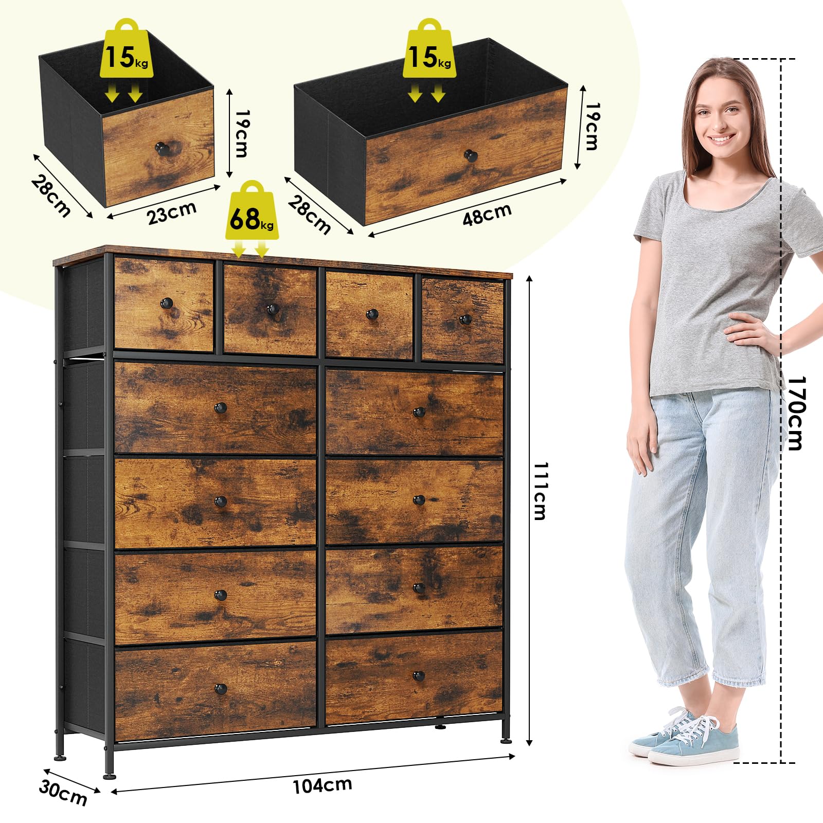 Clevich Stoff-Kommode, Schminktisch Schrank, Aufbewahrungsschrank, 12 Schubladen aus Stoff, Metallrahmen, industrieller Stil, für Wohnzimmer, Flur, Schlafzimmer (Retro braun+schwarz)