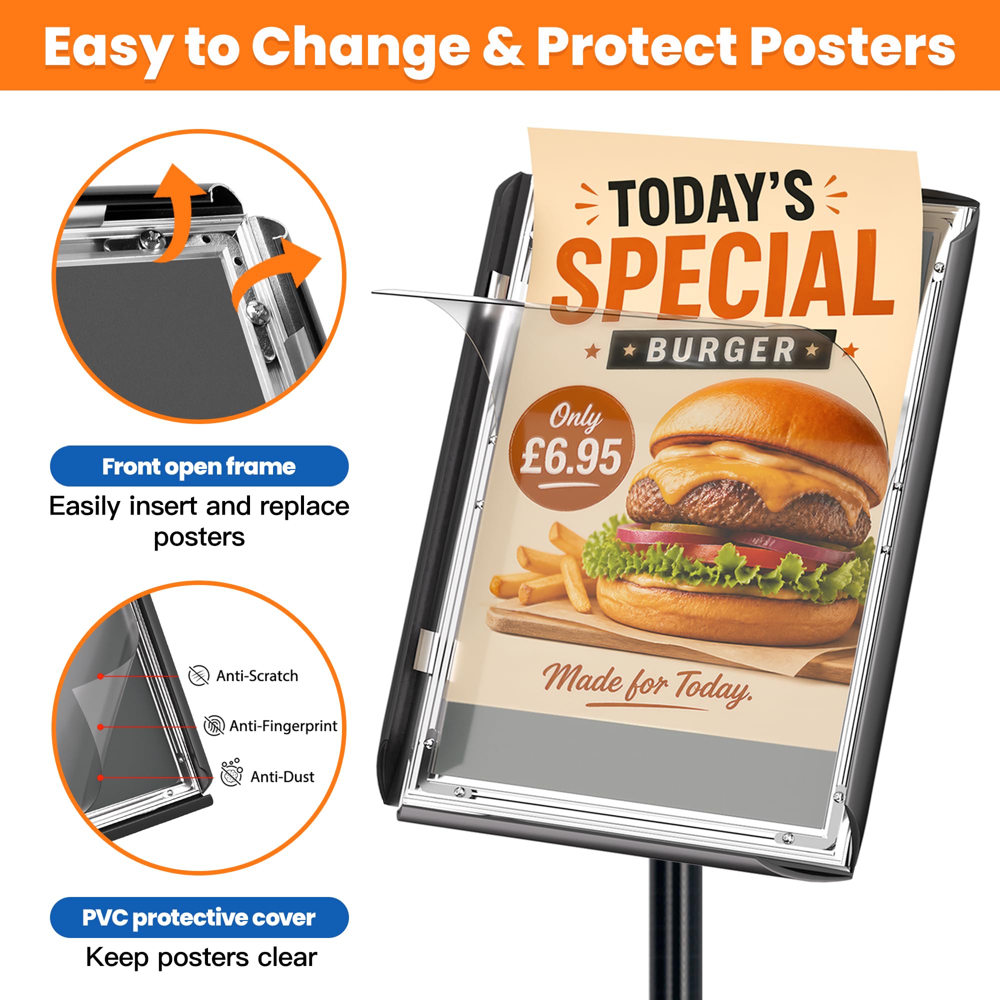 Lote de 4 Soporte para Carteles A3 de Pie – Soporte ajustable para Información, Menús, Póster, Restaurante, Exhibición y Uso en Exteriores, Expositor Publicitario con Marco Clipsable – Negro
