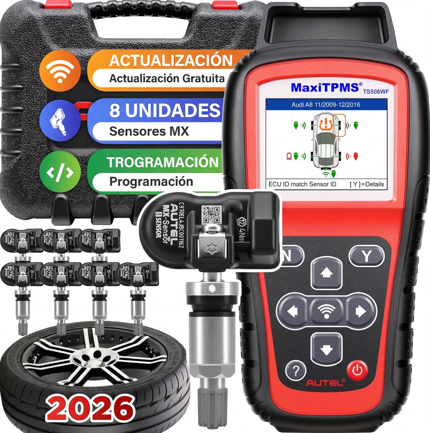 Autel MaxiTPMS TS508WF Herramienta de Programación TPMS, con 8PCS MX-Sensor(240€) WiFi Ver. TS508 TS501 Pro TS408S TS401 Herramienta de Reaprendizaje TPMS, Reiniciar/Reaprender/Activar Todos Sensores