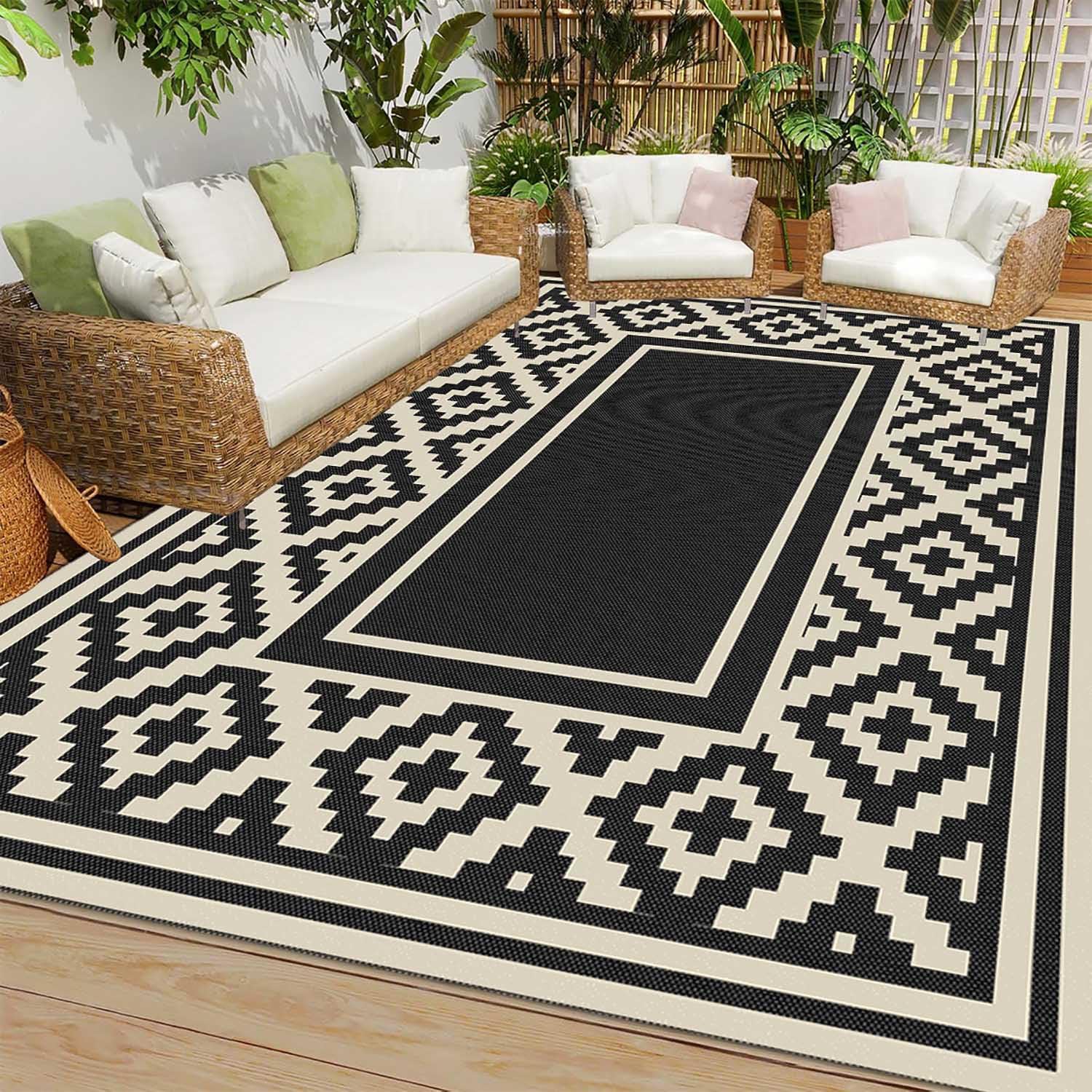 Tapis Exterieur en Plastique 120x180,Tapis de Sol Camping Car Exterieur Pliable,Imperméable,Résistant Aux UV,Réversible,Tapis Beige et Noir pour Terrasse Balcon Piscine Plage Pique-Nique Jardin