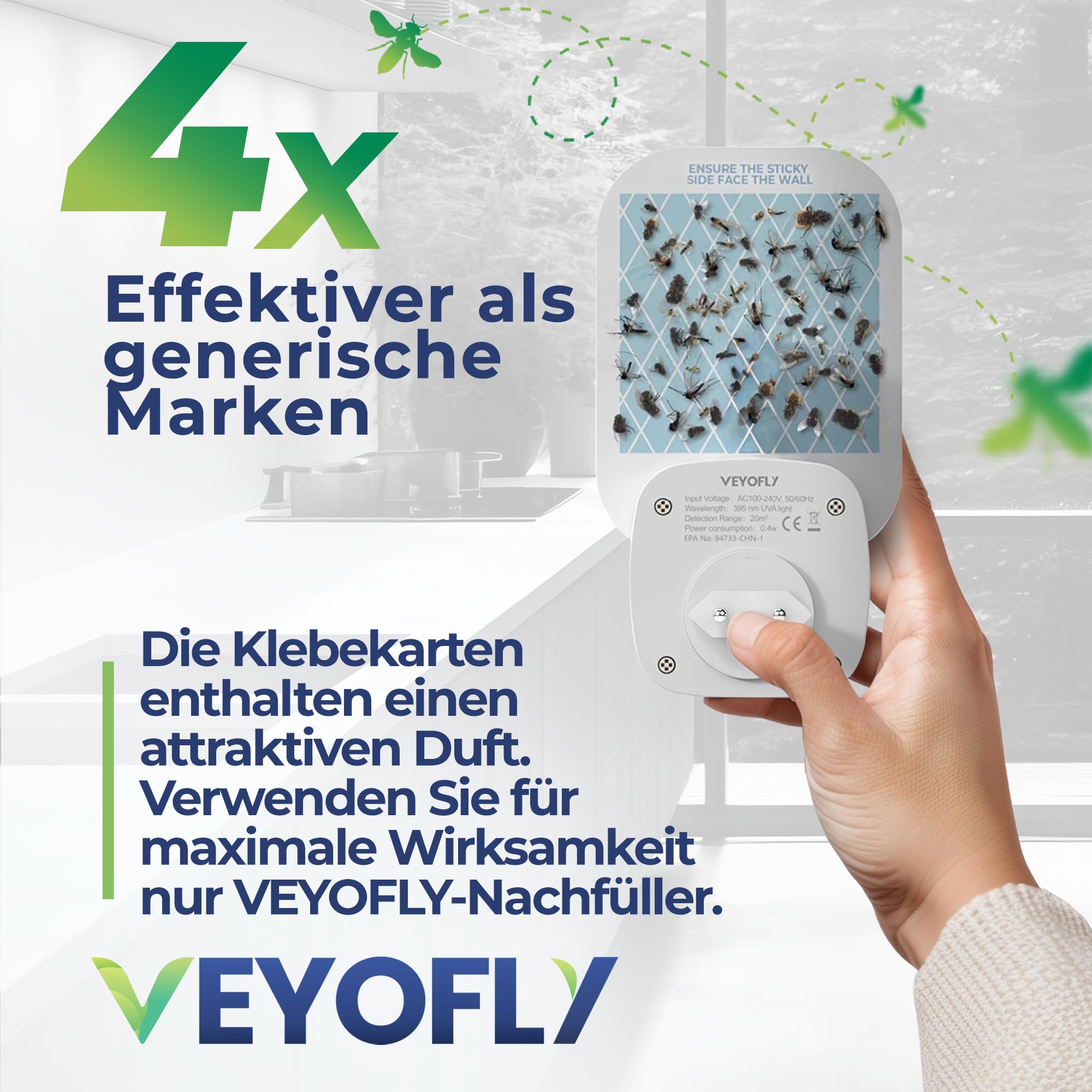 VEYOFLY Indoor Fliegenfalle – Steckdosen-Fliegenfalle für Fruchtfliegen und Stubenfliegen – Geruchlos und sauber (4 Gerät + 12 Klebefallen)