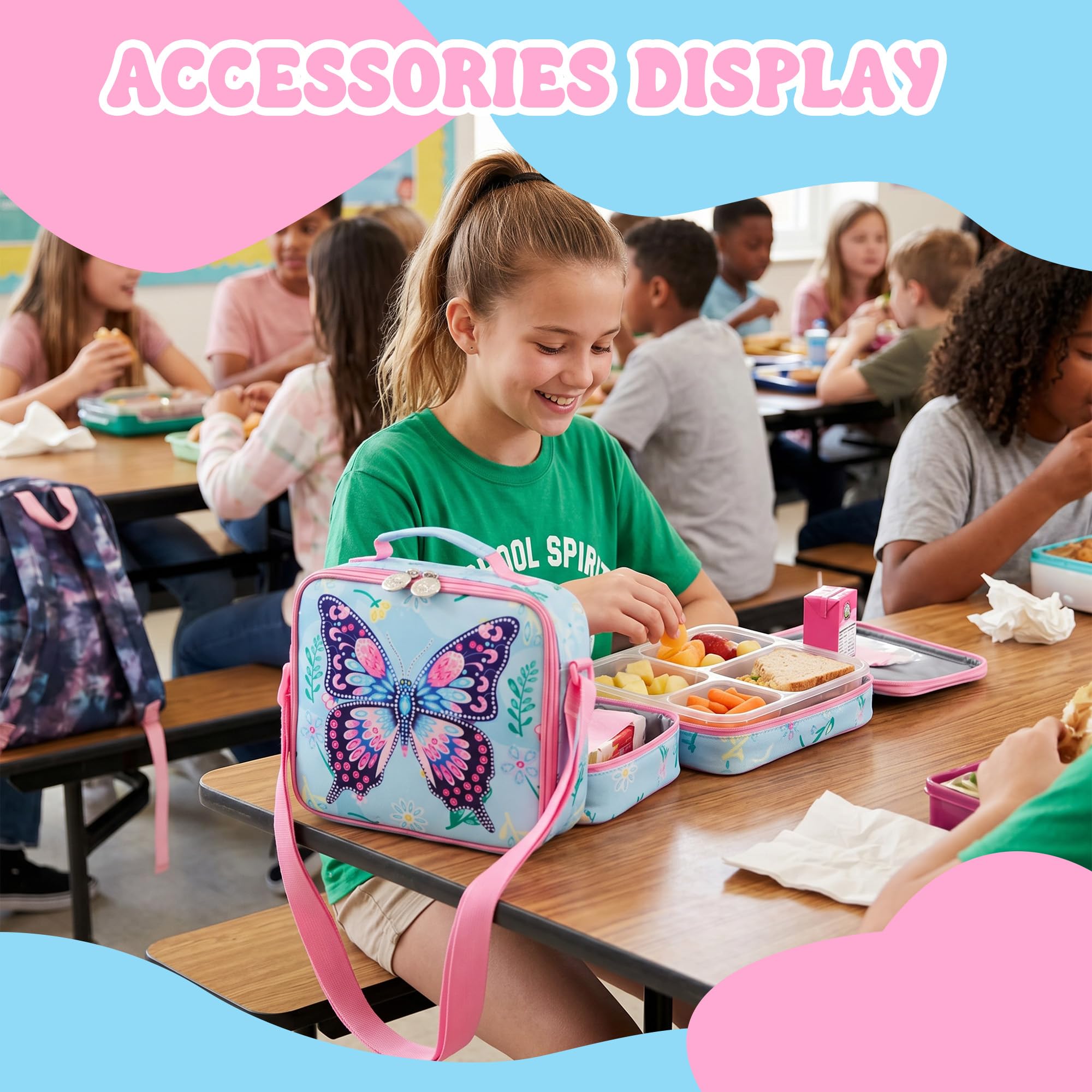 Meetbelify Sac à dos à roulettes pour enfants avec roulettes pour filles et garçons, sacs à dos à roulettes avec boîte à déjeuner pour élèves du primaire, 01 Papillon rose
