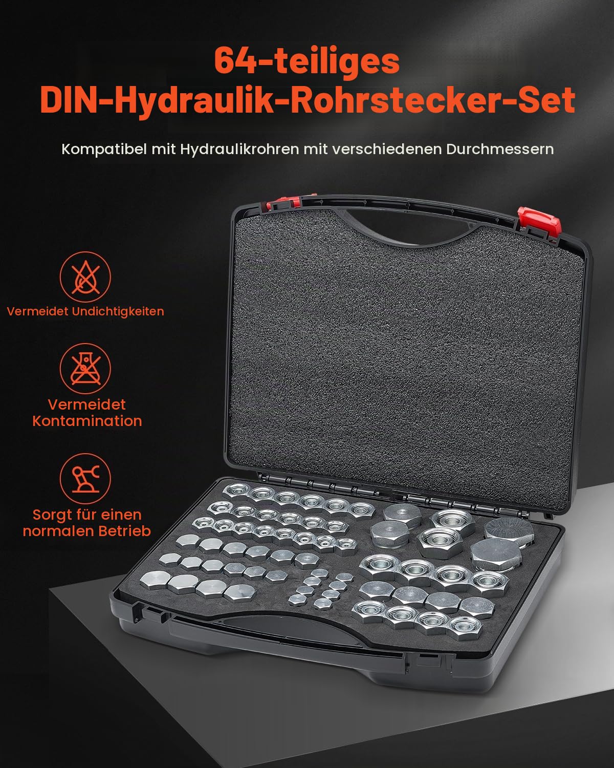 VEVOR 64-teiliges DIN-Hydraulikfittings, Industriehydraulikkappe & -stopfen, Schlauch- & Rohrfitting-Set, Kappen- & Stopfen-Set mit Präzisionsgewinde, Armaturenbrettgrößen 14/16/18/22/26/30/36