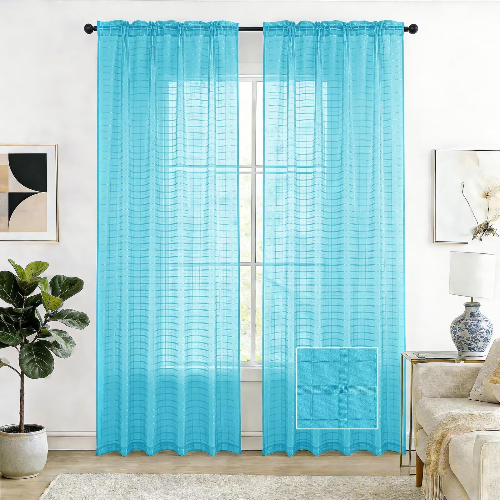 SpaceDresser Check Sheer Curtains 96 Inches Long for Living Room, Rod Pocket Plaid Semi Sheer Drapes for Kitchen Bedroom(Cyan Blue, 52W x 96L) — image 1