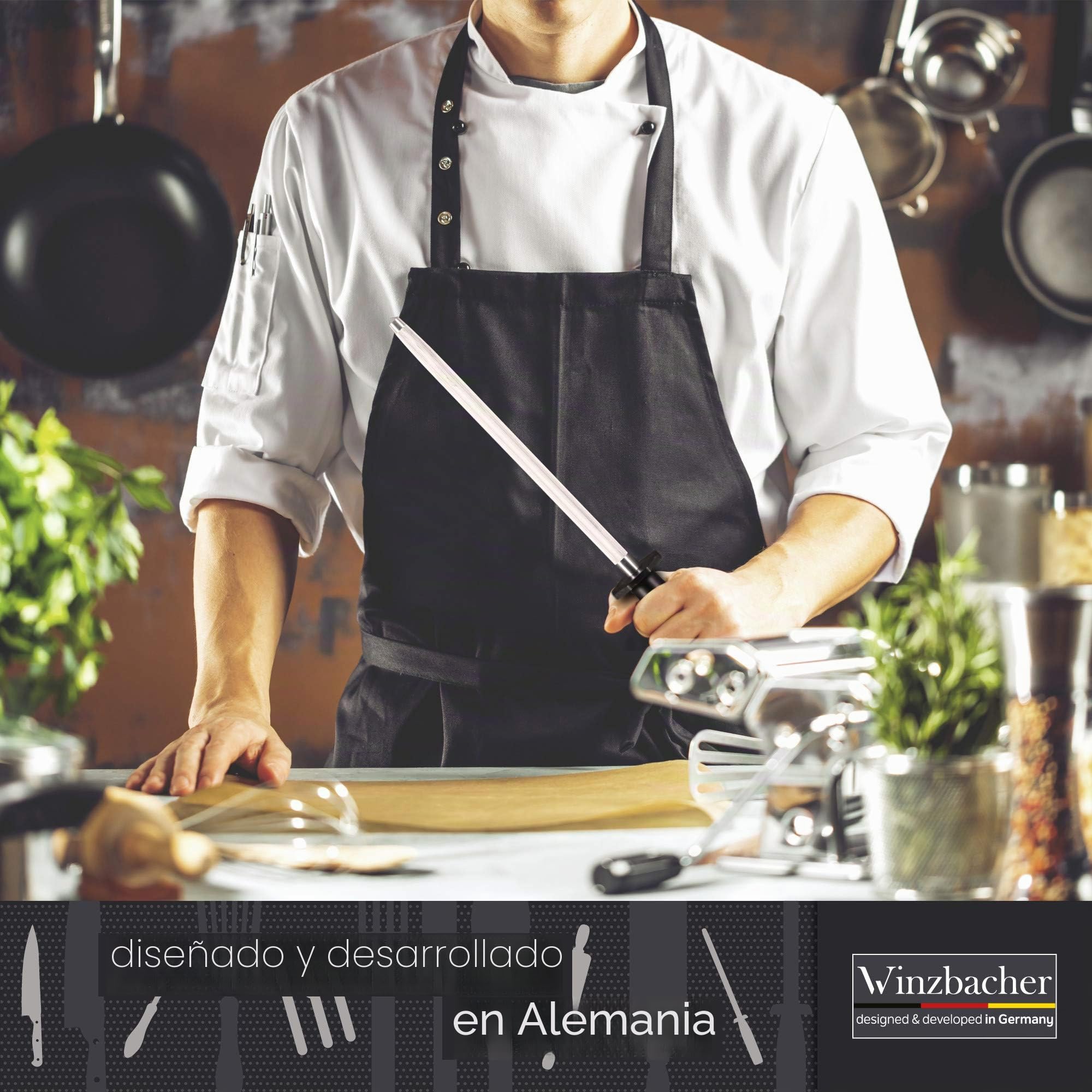 Winzbacher Afilador de cuchillos profesional de acero endurecido (39 cm), con mango ergonómico suave al tacto con protección para los dedos