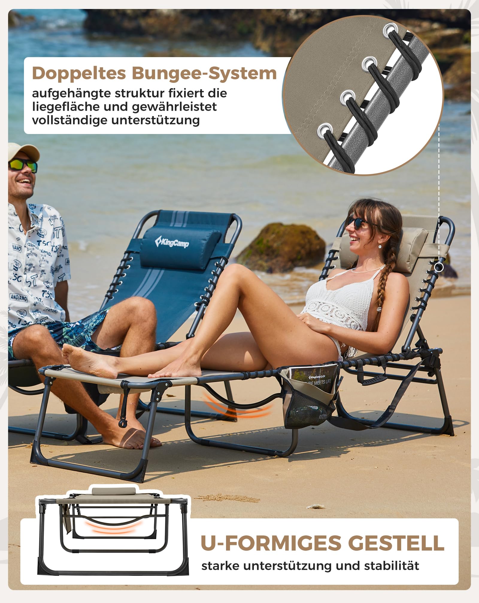 KingCamp Sonnenliege Klappbar 5-Verstellbarer Rückenlehne Gartenliege klappbar Liegestuhl Strandliege Campingliege Klappbett mit Kopfkissen für Strand Garten Terrasse Pool Camping Outdoor Indoor