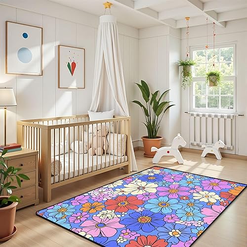 Miniatura 6 de Alfombra colorida estilo retro de los años 60 y 70 dibujada a mano, floral, lila, púrpura, flores, alfombra de juego para exteriores, alfombra de