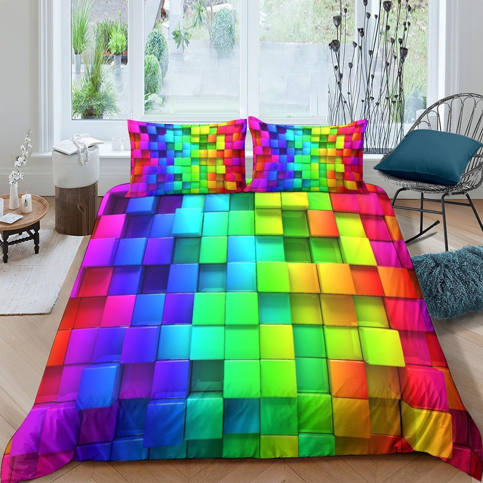 Ctjqhvkz Style-9 3D Printed Colorful Mosaic Fitted Sheet Microfiber Soft Breathable Rainbow Block Mattress Cover For Bedroom Dorm Decor Single（135X200cm）