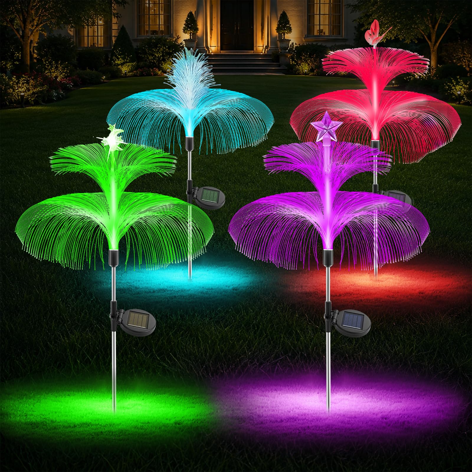 4 Styles Solar Lights Outdoor Garden, Solar Garden Lights Outdoor Ornaments, 7 Color Changing, Waterproof Star Moon Reed Butterfly Jellyfish Decorative for Garden Yard Pathway Lawn Party (4 Styles)