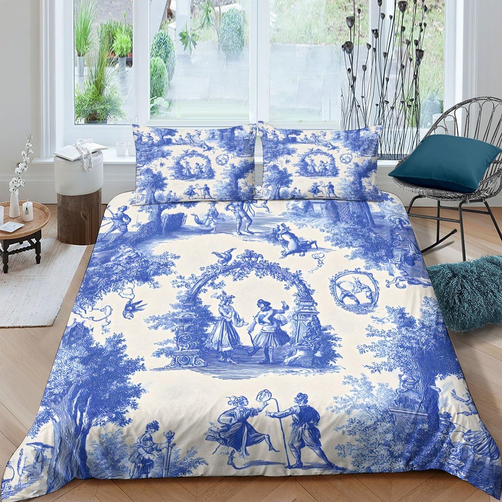 Ctjqhvkz Style-2 3D Printed Blue Vintage Toile Fitted Sheet Microfiber Soft Breathable Pastoral Scene Bed Cover For Bedroom Guest Room Decor Single（135X200cm）