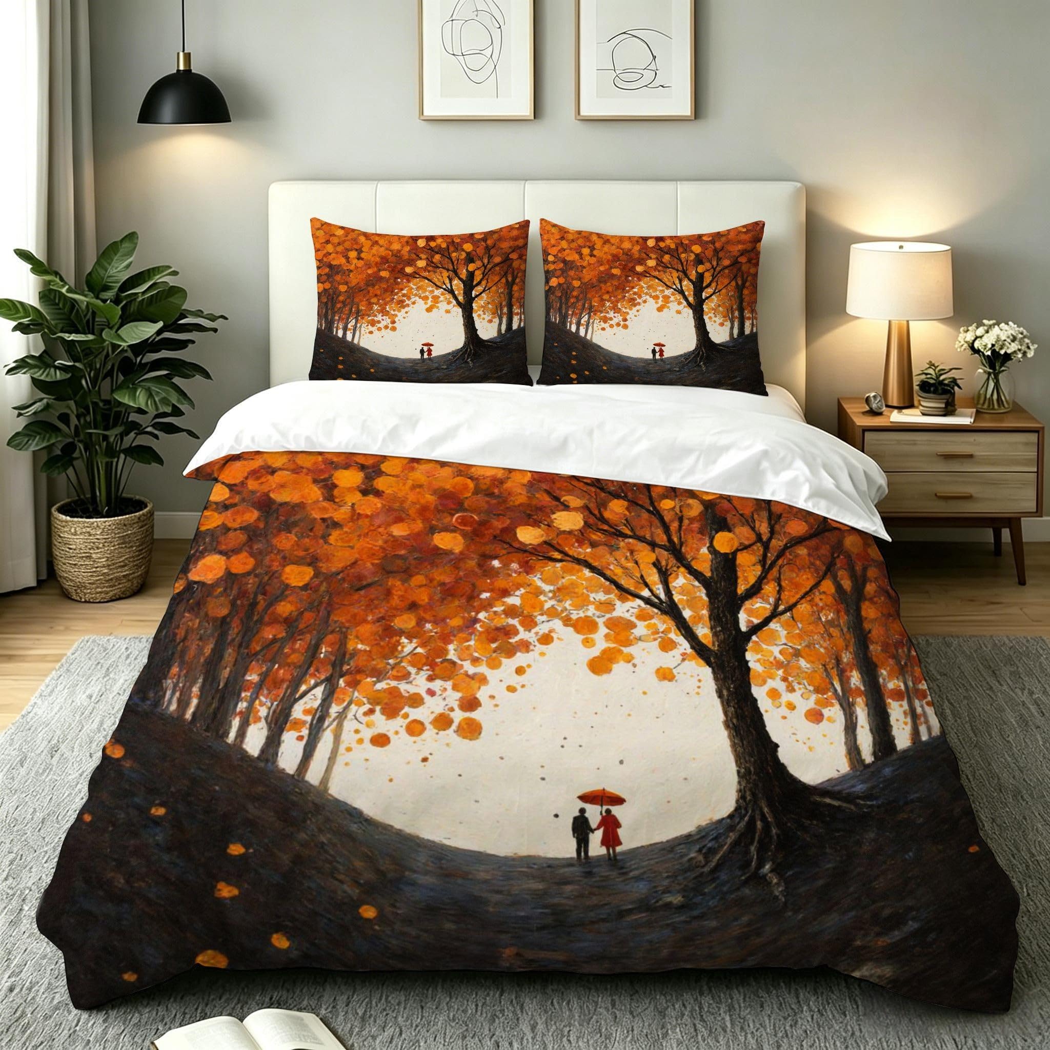 Housse de Couette 220x240 Feuillage Orange avec 2 Taies d'Oreiller