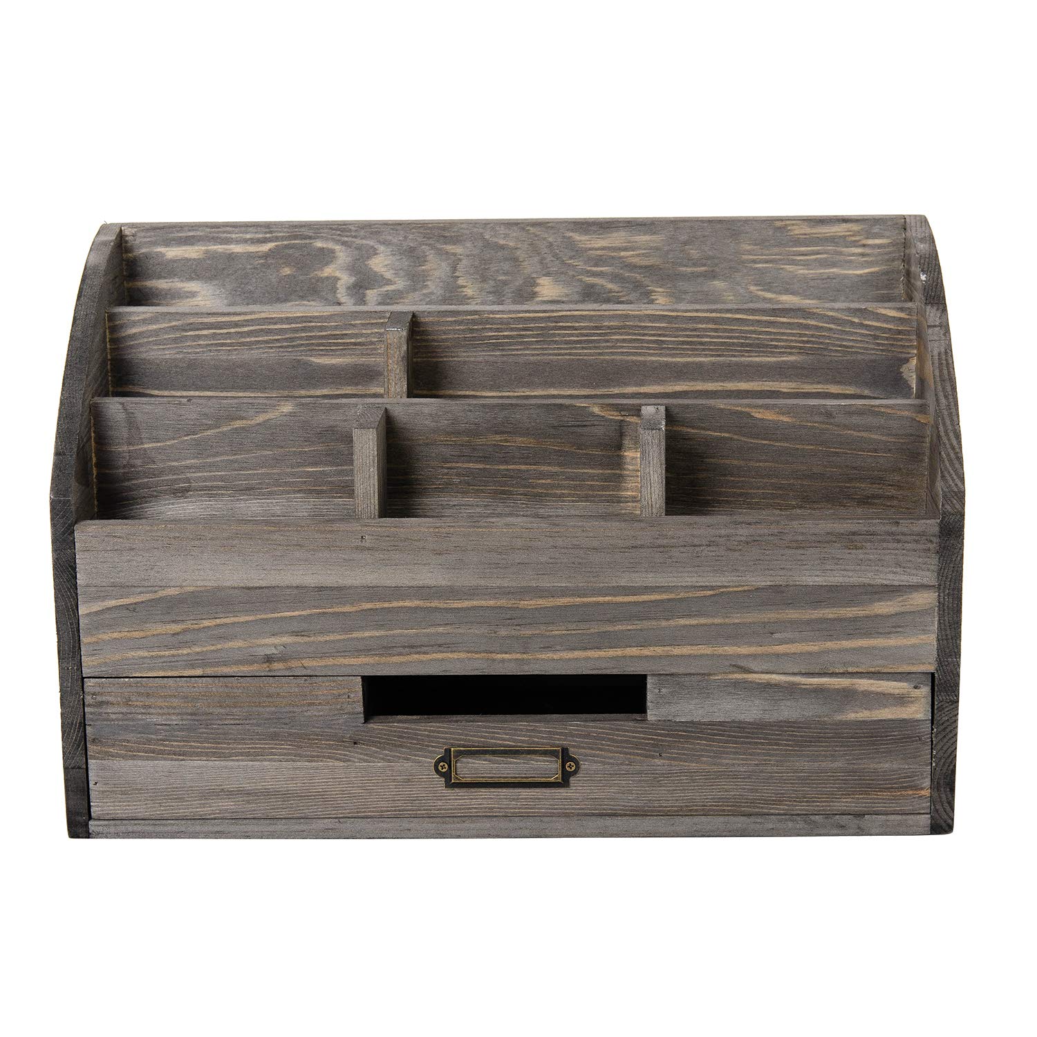 Organizer da scrivania in legno rustico invecchiato con 5 scomparti con 2 cassetti e bancone da tavolo, portapenne, quaderni, cartelle, matite e forniture per ufficio (grigio roccio)