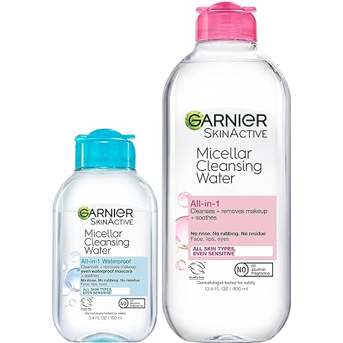 Garnier SkinActive - Agua de limpieza micelar, para todo tipo de piel, 13.5 fl oz + agua de limpieza micelar, para maquillaje impermeable, 3.4 fl oz