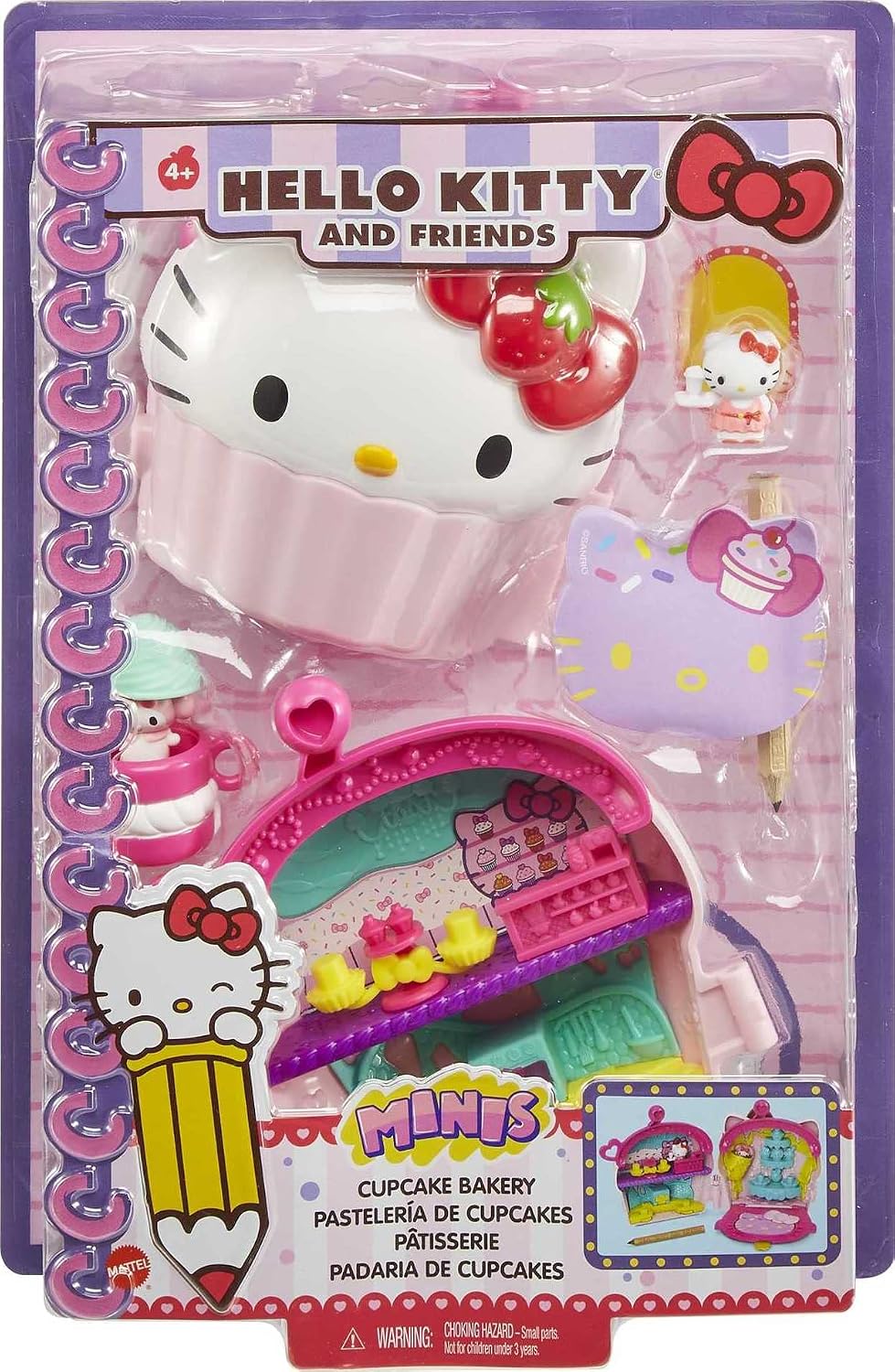 Hello Kitty Cupcake Bakery Compact (4.9-in) with 2 Sanrio Minis Figures, Stationery Notepad and Accessories, Great Gift for Kids Ages 4Y+