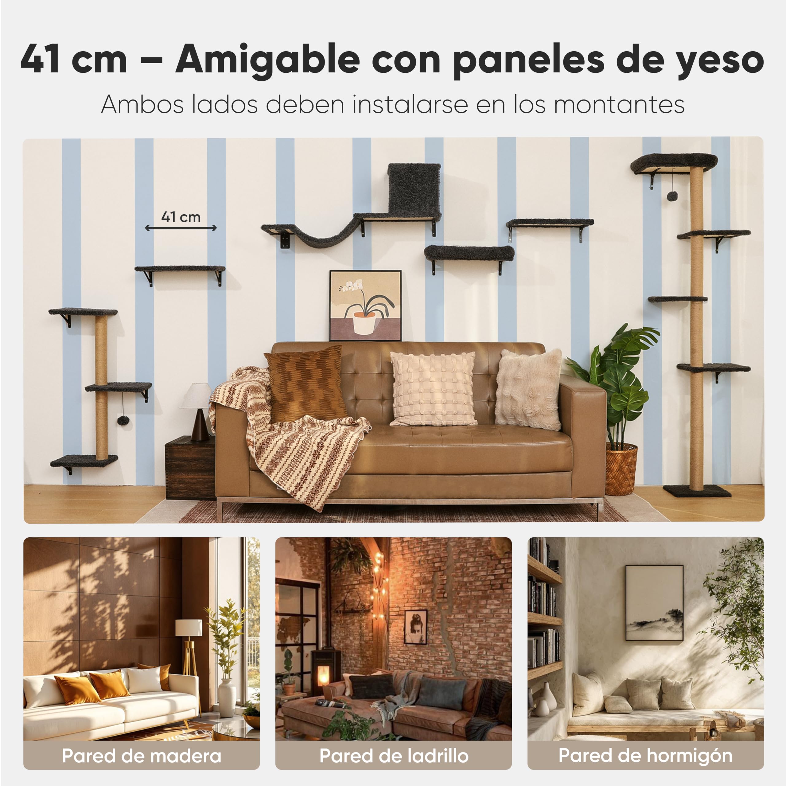 FUKUMARU Set de Pared de Escalada para Gatos, 4 Piezas - Estanterías de Pared, Hechas de Placas Multicapa Fuertes, Puente para Gatos, Árbol para Gatos, Escaleras para Gatos hasta 18 kg, Gris