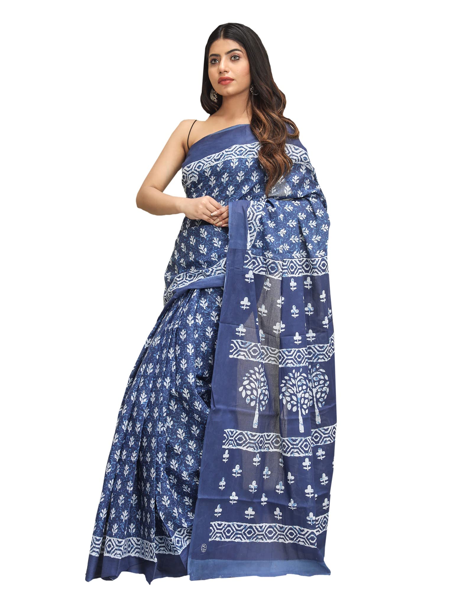 Shivanya Handicrafts Women's Hand block printed cotton mulmul fabric saree With Blouse Piece Traditional Jaipuri Print (White 1)
