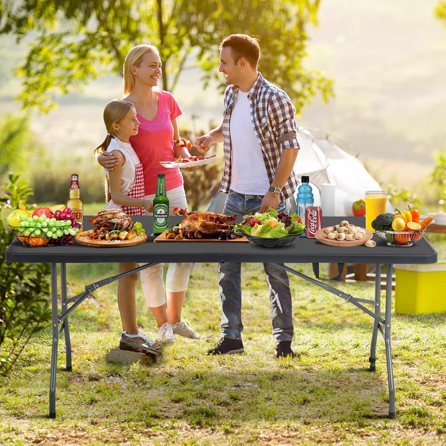 6Ft Folding Table Foldable Table Portable Indoor Outdoor Plastic Heavy Duty Fold Up Table Dining Picnic Table with Lock Function Black, 70.9 x 29.1 x 29.1 inches