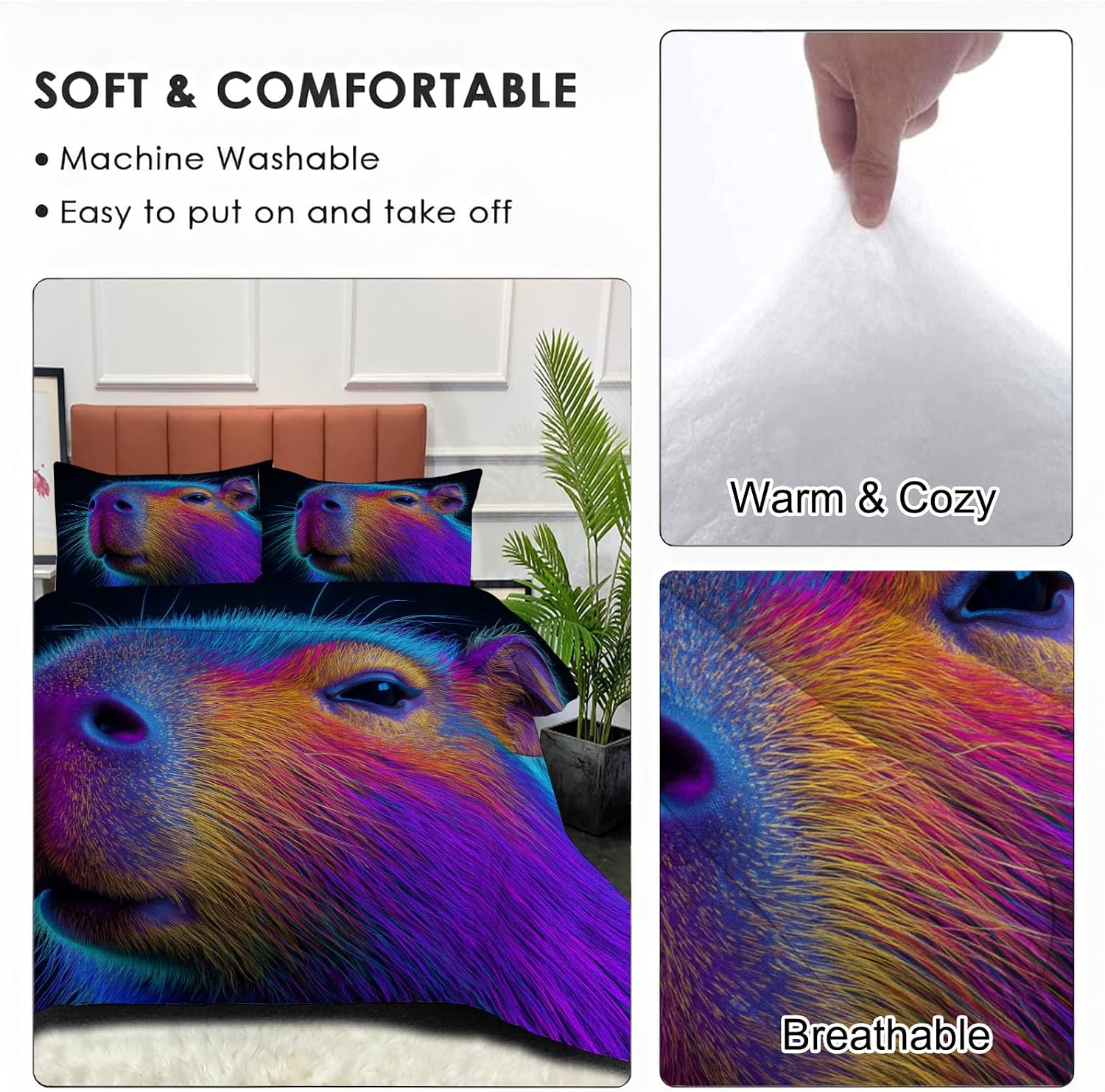 80" x 90" Coverless Duvet 7.5 Tog, Psychedelic Animal Print Kids Reversible Washable Coverless Duvets, Blue Super Soft Comfy Kids Duvets, 3 Duvet with 2 Pillowcase