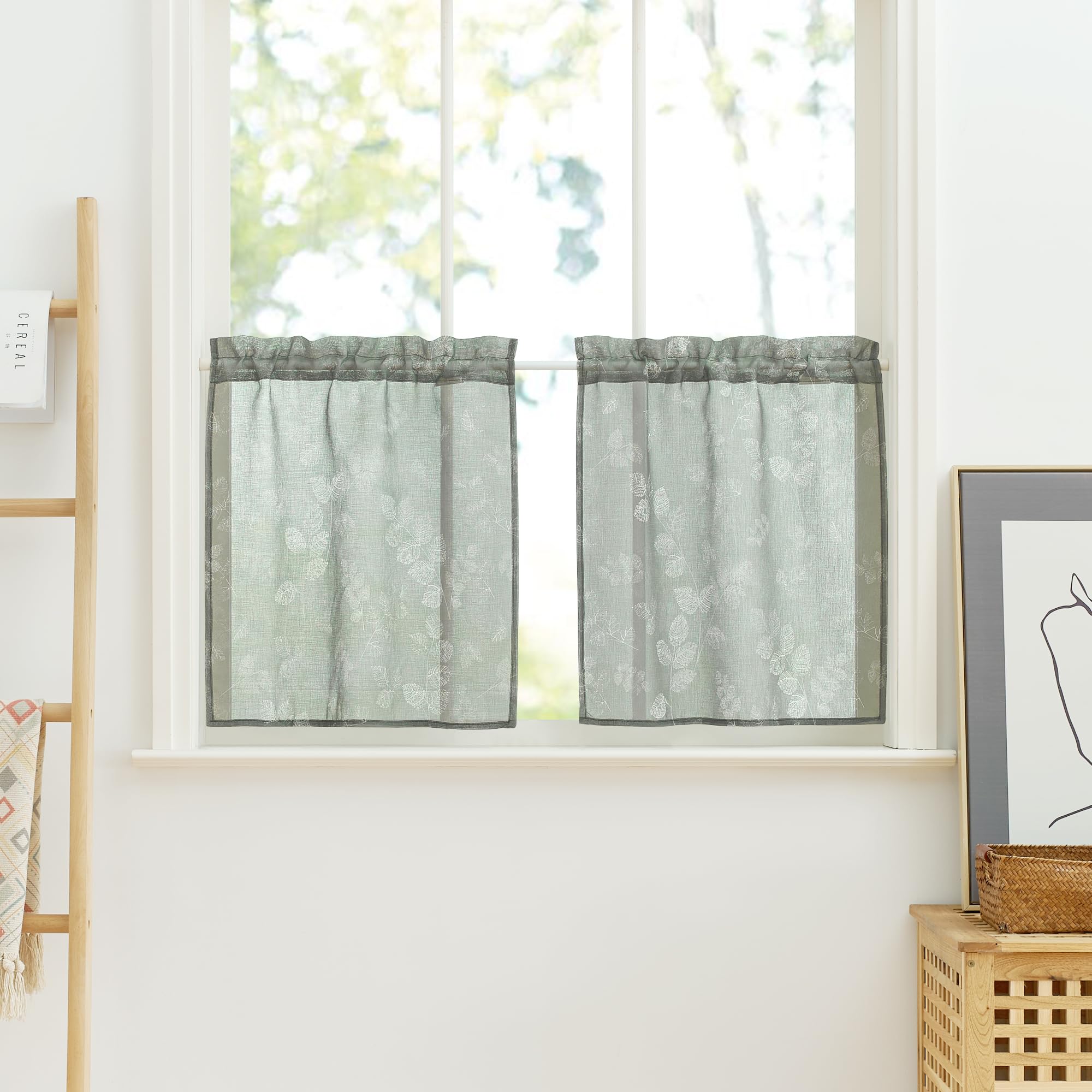 PONY DANCE Cortinas Cortas para Ventanas de Cocina/Comedor, Cortinas y Visillos Translucidas Efecto de Lino Estampada con Bolsillos de Barra 2 Piezas,60x45cm,Verde Salvia Global Recycled Standard OEKO-TEX STANDARD 100 Global Recycled Standard Global Recycled Standard