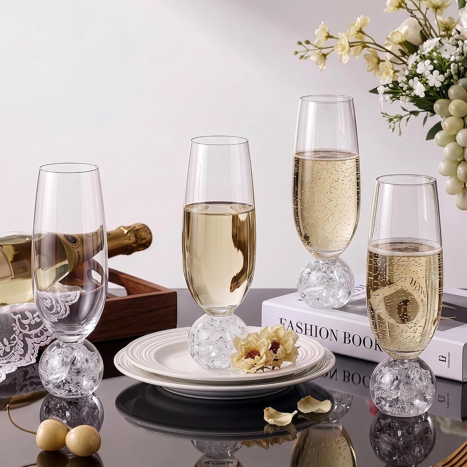 Crystal Champagne Flutes, Stemless Wine Classes with Ball Base, set of 4